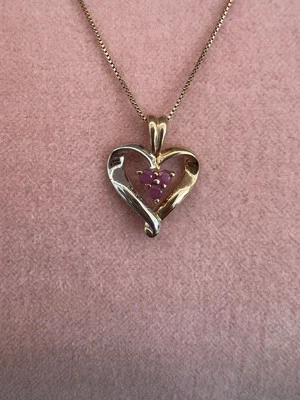 Sterling Silver Heart Necklace 3 Ruby Stones Gold Vermeil over 925 Pendant Chain - Image 1 of 3