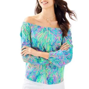 Lilly Pulitzer Off the Shoulder Top Tropical Print Silk Blend Multi Women Large - Picture 1 of 10
