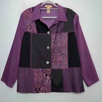 Notations Boxy Jacket Plus Size 1X Tapestry Purple Patchwork Mixed Media Artsy - Image 1 of 4