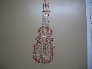 Instrumento musical contrabajo adorno XMas metal plateado y cuerdas con cuentas rojas - Imagen 1 de 10