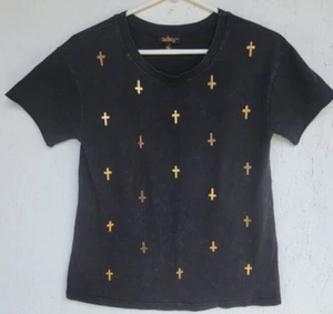 Audrey 3+1 Women's T-Shirt Black Size S Gold Color Crosses Attached Short Sleeve - Picture 1 of 7