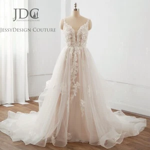 Heavy Pearls Beaded Ivory Champagne Lace Wedding Dress Bridal Gown 2-28W Volants - Picture 1 of 6