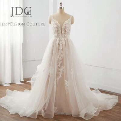 Heavy Pearls Beaded Ivory Champagne Lace Wedding Dress Bridal Gown 2-28W Volants - Image 1 of 4