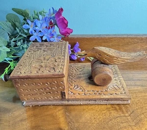 Vintage Handmade Carved Wooden Bird Cigarette Box Mechanical Dispenser - VGC - Picture 1 of 21