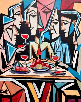 CORBELLIC WINE DINNER 16X20 CUBISM LARGE CONTEMPORARY ORIGNAL WALL ART INTERIOR - Image 1 of 4
