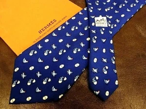 HERMES  Neck tie Silk Navy Blue Logo  japan seller N1222 16 Made in France - Picture 1 of 2