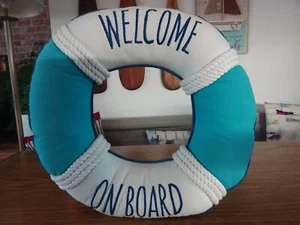 WELCOME ON BOARD Nautical Blue Cushion - Life Ring / Rope - Bathroom Wall Decor - Picture 1 of 4