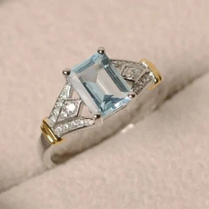 3Ct Emerald Cut Aquamarine Diamond Solitaire Engagement Ring 14K White Gold Over - Picture 1 of 7