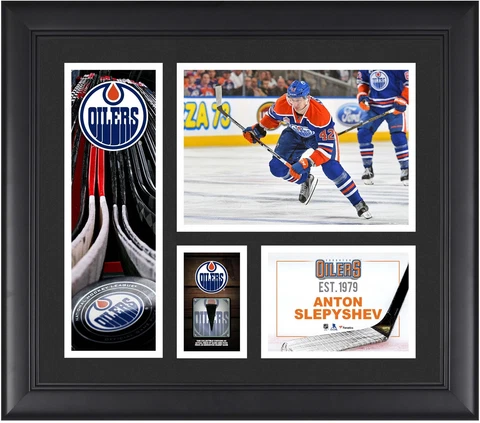 Anton Slepyshev Oilers Framed 15x17 Collage w/Piece of GU Puck Cover
