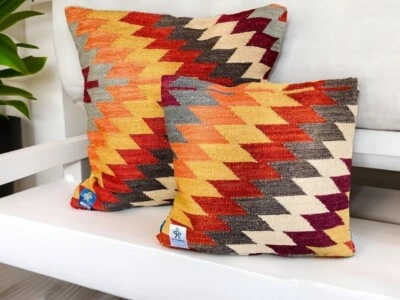 Cushion Cover Geometric Design Orange Brown Kilim Cushion Covers Wool Cotton - Image 1 of 4