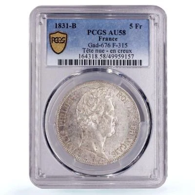 Moneda de plata Francia 5 francos Louis Philippe Rouen Mint AU58 PCGS 1831 Foto 1 de 4