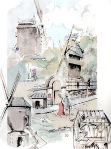 AQUARELLE COULEUR VIEUX MOULIN / Moulin du Blute fin ou de la Galette à Paris - Picture 1 of 1