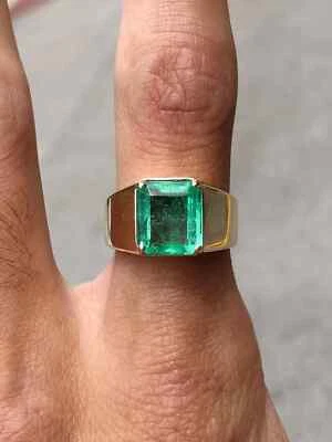 3ct Natural Green Emerald Mens Engagement Wedding Band Ring 18K Yellow Gold - Image 1 of 4