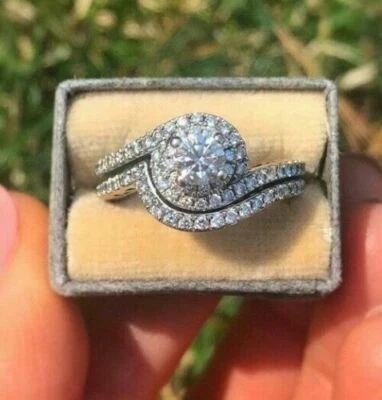 1Ct White Round Cut CZ Engagement Wedding Ring Set In Solid 925 Sterling Silver - Image 1 of 4