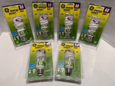 6) NEW GE Energy Smart 60 Watt (Uses Only 13 Watts) Fluorescent Light Bulbs SAVE - Image 1 of 3