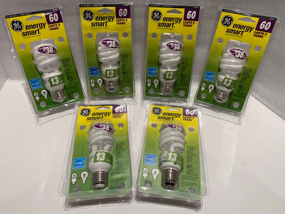 6) NEW GE Energy Smart 60 Watt (Uses Only 13 Watts) Fluorescent Light Bulbs SAVE - Image 1 of 3