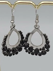 Silver Teardrop Earrings with Black Crystals - Picture 1 of 5