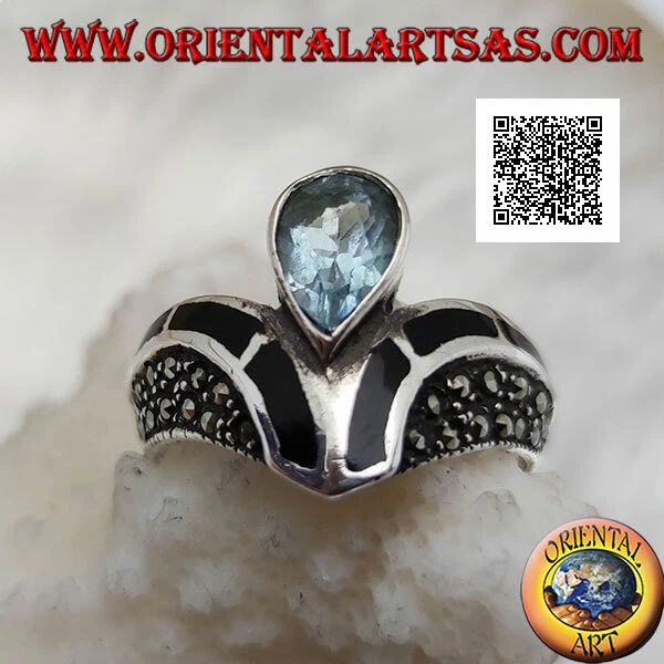 Anello in Argento 925‰ a V con marcassite e onice e topazio naturale a goccia  - Immagine 1 di 1