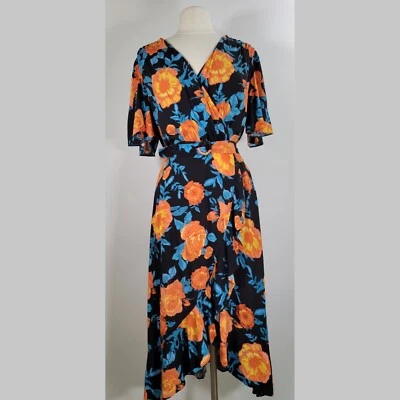 LONDON TIMES Damona Faux Wrap Dress Size 16 Floral Ruffle Midi Orange Surplice - Image 1 of 4