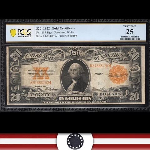 1922 $20 GOLD CERTIFICATE NOTE PCGS 25 Fr 1187  K81868792 Cover