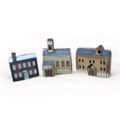 Three Primitive Wood Village Set Buildings Church Christmas House - Image 1 of 4