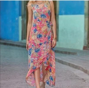 Tolani Sleeveless Maxi Dress Womens S Pink Blue Floral Wrap Hi Low Silky Flowy - Picture 1 of 9