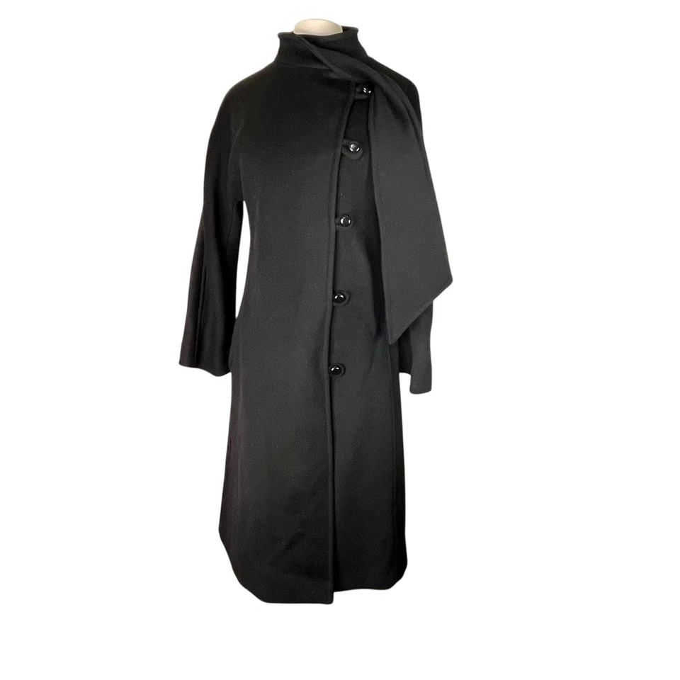 Vintage Alorna Forstmann Black Wool Asymmetrical Coat w Collar Scarf Union USA - Image 1 of 4