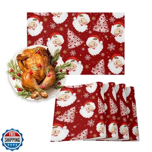 Red Christmas Placemats Set of 6, Santa Claus Merry Christmas Tree Heat Resis - Picture 1 of 5