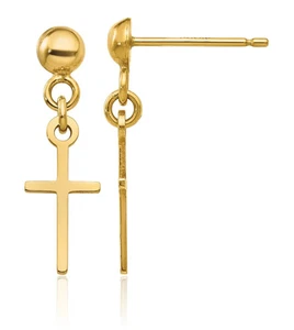 14K Solid Yellow Gold Hanging Cross Dangle Earrings - Picture 1 of 11