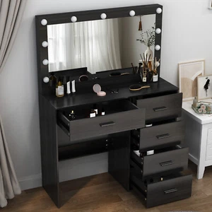 Vanity Desk Set 11 LED Specchio Tavolo Trucco con 5 Cassetti Portaoggetti Comò Scrivania - Foto 1 di 8