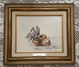 Small Oil Painting Snow Pots by artist Marcia 1985 Canvas with Wood Frame - Picture 1 of 3