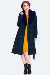 Women Retro Tartan Flare Coat with Fur Collar Vintage Style Fashion - Picture 1 of 5