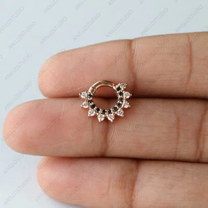 Natural Balck & White Diamond Septum Clicker, Daith Earring Piercing in 14k Gold - Picture 1 of 14