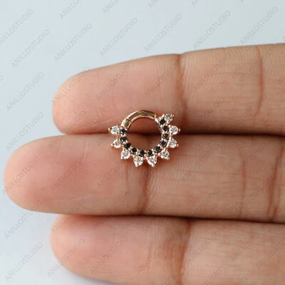 Natural Balck & White Diamond Septum Clicker, Daith Earring Piercing in 14k Gold - Image 1 of 4