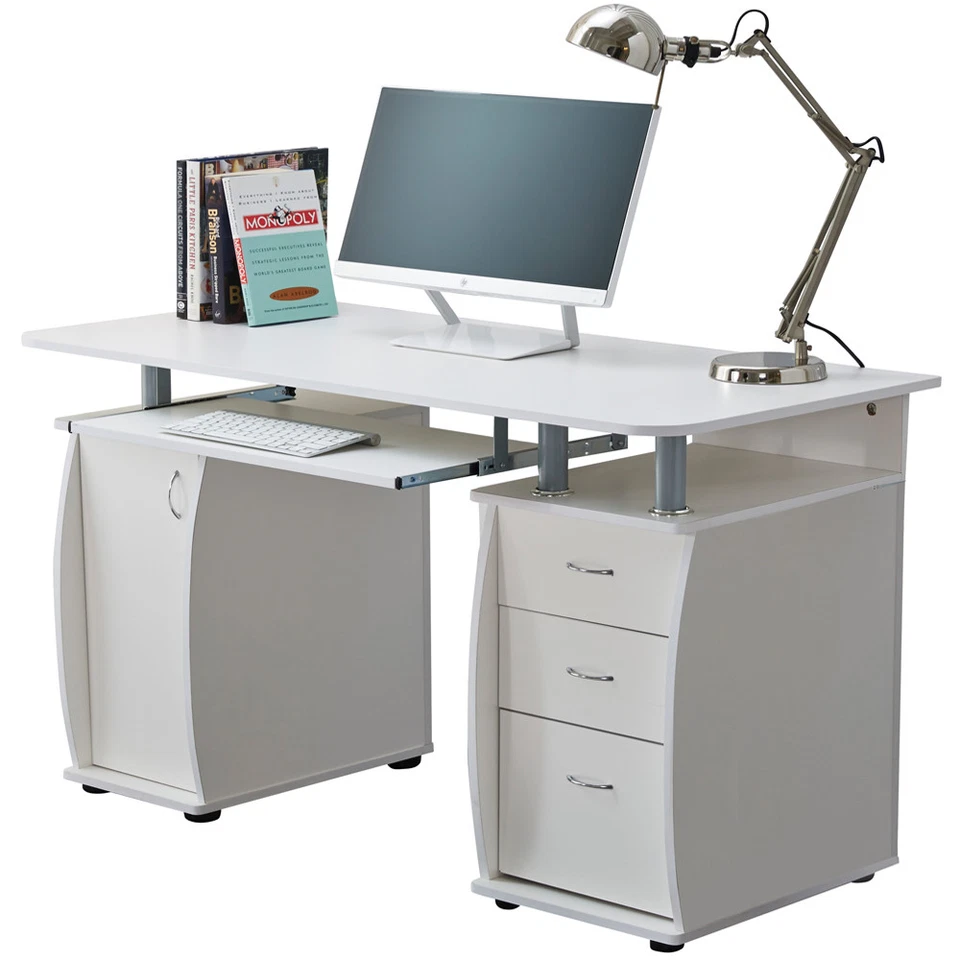 Deluxe Computer Desk With Cabinet and 3 Drawers for Home Office PC Table White