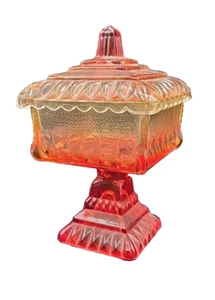 Jeanette Wedding Box Amberina Red Orange Square Pedestal Candy Dish Vtg - Picture 1 of 14