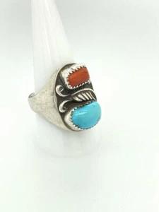 Vintage Artisan Navajo Sterling Silver Turquoise Coral Ring Mens Sz 10.75 - Picture 1 of 6