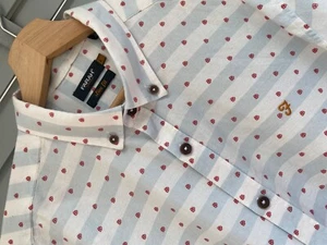 FARAH Slim Fit Shirt Large Mens White Blue Striped Geometric Pattern Long Sleeve - Picture 1 of 9