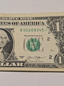 2013 B Duplicate $1 Star Note, 250K Run Size DC, Low Serial Number, B00209345* - Picture 1 of 3