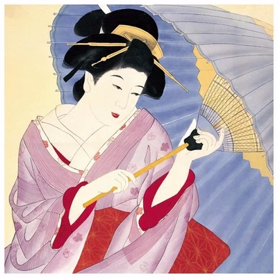 Asian Woman Maiden Blue Umbrella Woodblock Japanese Counted Cross Stitch Pattern - Image 1 of 4