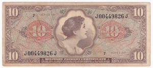 Vietnam Military Payment Certificate 10 Dollars Series 641 Serial # J 0449826 J - Bild 1 von 2