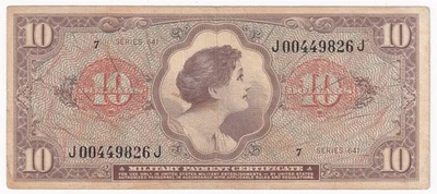 Vietnam Military Payment Certificate 10 Dollars Series 641 Serial # J 0449826 J - Image 1 of 2