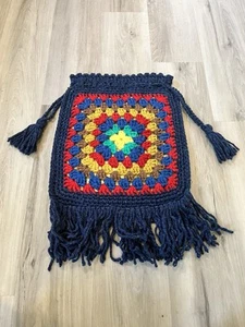 Vintage Handmade Crochet Drawstring Bag Purse Lined Blue Red Macrame - Picture 1 of 5