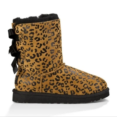 Ugg Australia Bailey Bow Leopard Print Sheepskin Leather Boots - Image 1 of 4