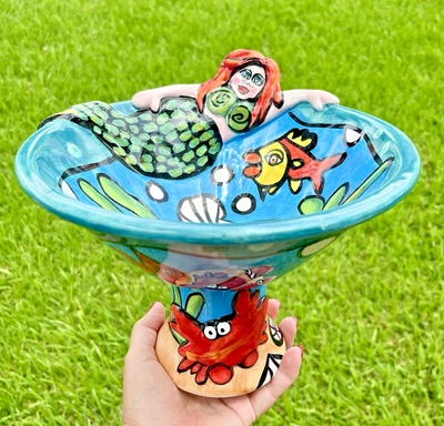 Nicole Engblom Under the Sea Mermaid & Sea Creatures Large Pedestal Bowl 7" Tall - Image 1 of 4