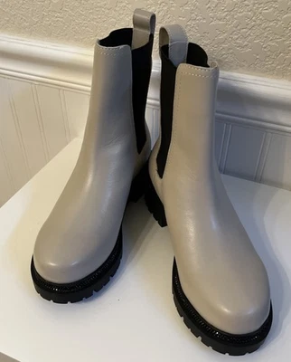 DKNY Womens Rick Leather Chelsea Boots Rhinestone Block Heel Ivory Black Size 5M - Image 1 of 4