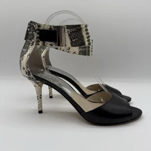 Michael Michael Kors Black Leather Peep-Toe Heels, Snake Print Ankle Strap, 8 M - Picture 1 of 18