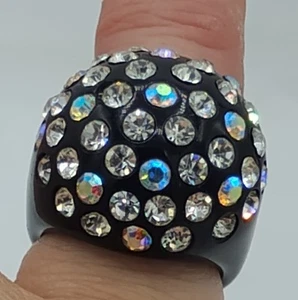Vintage Retro Black Lucite Plastic Clear & AB Crystals Dome Ring Size 6.2 You - Picture 1 of 7
