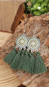 Cute New Silver Green Enamel & Crystal Fringe Tassel Hook Dangle Drop Earrings - Picture 1 of 2