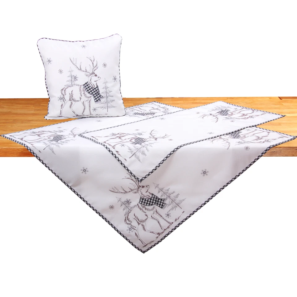 Weihnachts-Tischläufer Tischdecke Stickerei+Applikation Hirsch, Schwarz/ kariert - Bild 1 von 1